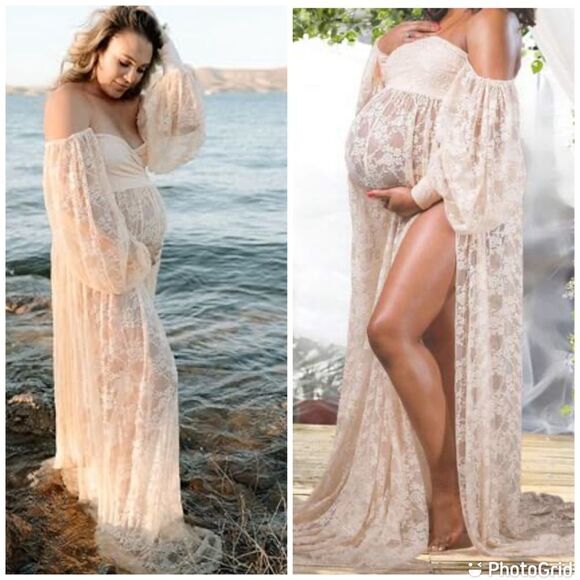 Maternity Lace Photography PhotoShoot Long Sleeve off shoulders High Sl… - Picture 1 of 16